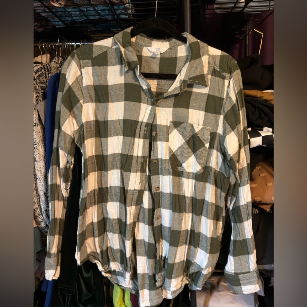Time and Tru Olive and White Checkered Shirt